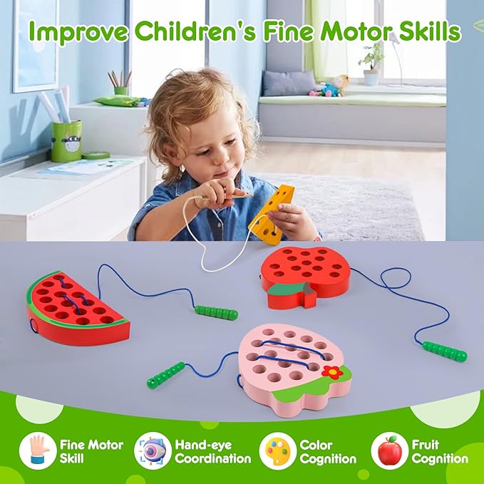 Wooden Toys Lacing Toys for Toddlers 3-5,Plane Activities Car Travel Toy Montessori Educational Learning Threading Toys for Fine Motor Easter Basket Stuffers Gift for Boys Girls(4 pcs)