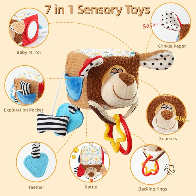 Hanging Baby Toy Cube for Car Seat, Infant Sensory Toys 0-6-12 Month, Montessori Plush Toys for Plane Travel Game Activity with Crinkle, Squeaky, Textures, Mirror Nowborn Baby Boy Girl Gifts