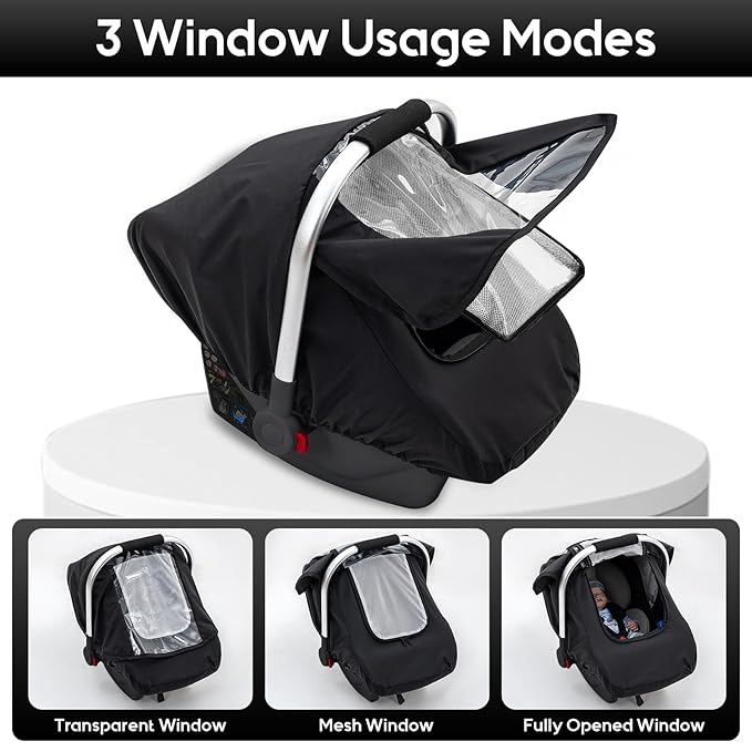 Waterproof Baby Car Seat Cover, Car Seat Rain Cover with Clear Window & Breathable Mesh, Universal Baby Carrier Cover with Support Rod to Prevent Collapse, Lightweight Weather Shield with Storage Bag