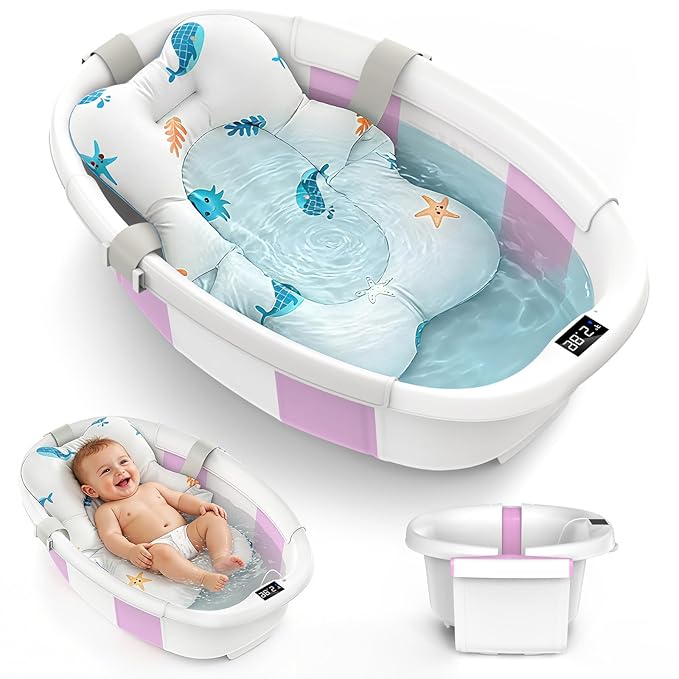 Collapsible Baby Bathtub for Newborn to Toddler 0-36 Months, Large Baby Bath Tub with Thermometer & Cushion, Easy Setup Foldable Travel Infant Bathtub, Newborn Babies Boy Girls Bath Tubs Purple Size