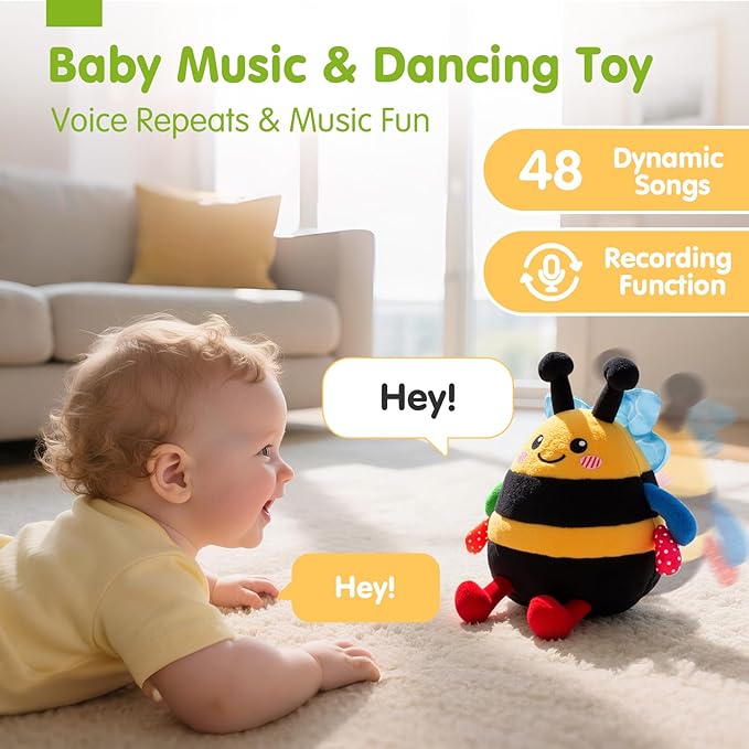 hahaland Baby Toy for 6 + 12 18 Months – Crawling Musical Dancing Bouncing Learning Bee Plush, Interactive Tummy Time Toy for 1 2 3 Year Old Boys Girls Baby Easter Basket Stuffers
