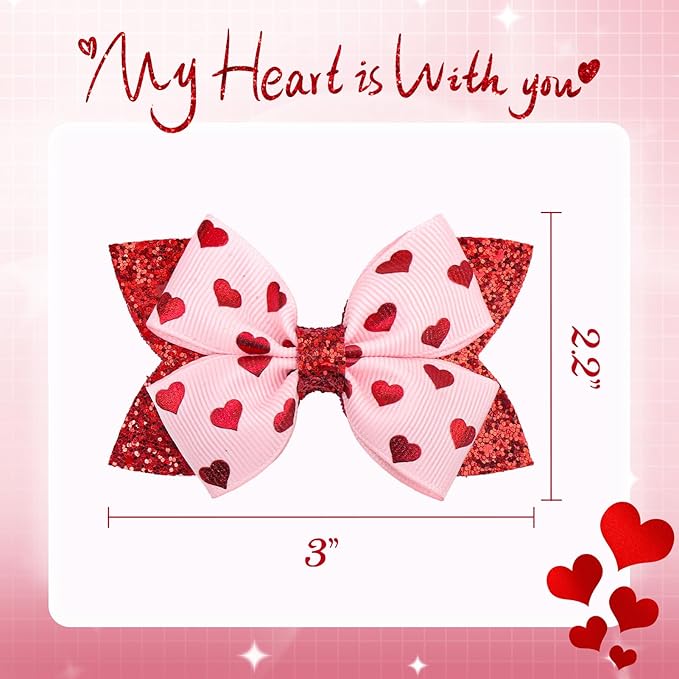 YanJie 3’’ 2Pcs Valentines Day Hair Bow Clips for Girls Pink Bows Hearts Hair Accessories for Women Glitter Hairpin Red Hair Clip
