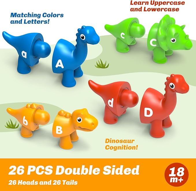 26PCS Dinosaur Alphabet Learning Toys for Kids Ages 3-5, Double-Sided ABC Matching Game with Uppercase Lowercase, Montessori Educational Fine Motor Toys, Preschool Sensory Sorting Toy Gift