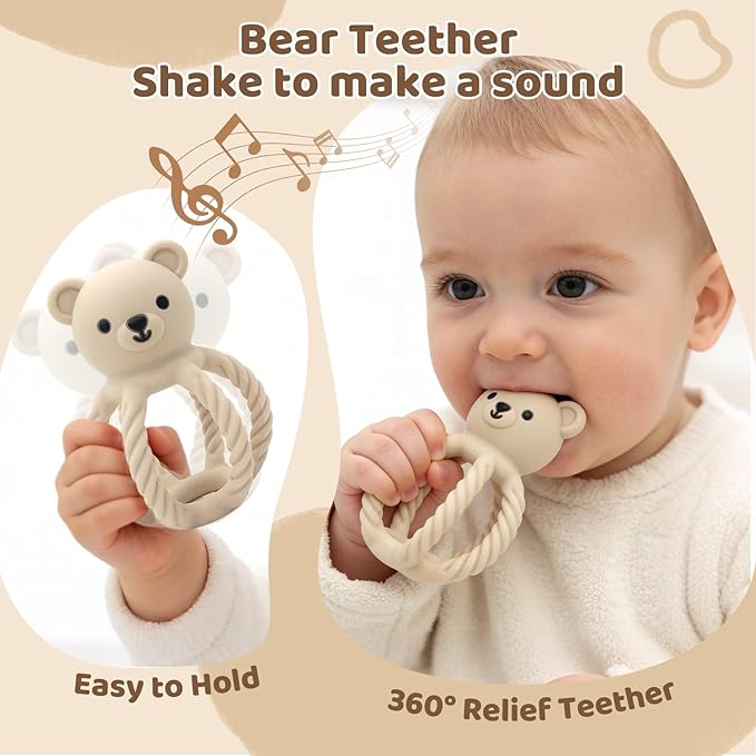 3Pcs Baby Silicone Teether Toy Set - Food-Grade Silicone Teething Relief Toys,Wooden Ring Teether Cute Bear Toy and Toy Straps for Babies 3-12 Months (Bright Beige)