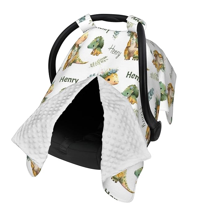 Personalized Winter Carseat Cover for Baby Custom Name Dino Car Seat Canopy for Newborn Baby Boys Girls 2 in 1 Mom Nursing Breastfeeding Covers Dinosaur Minky Baby Carrier Stroller Covers