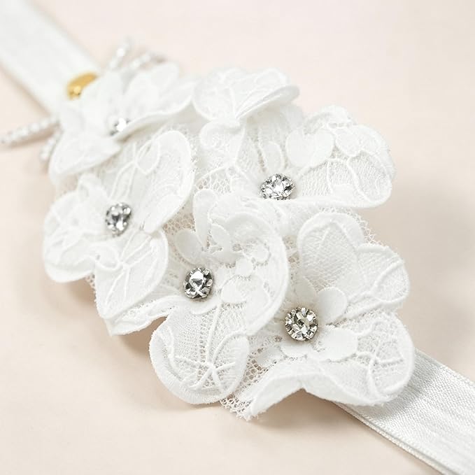 Baby Girls Hairband White Bow Lace Headbands Handmade Soft Stretchy Wide Head Band Newborn Hairbands with Bows Pearls Elastic Headband for Infant Hair Accessories（White Lace Flower）