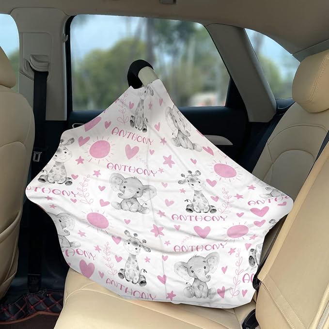 Personalized Baby Car Seat Cover Stroller Canopy: Custom Name Newborn Baby Boy Girl Elastic Animals Nursing Cover for Moms First Birthday Gift Elephant(one Size)