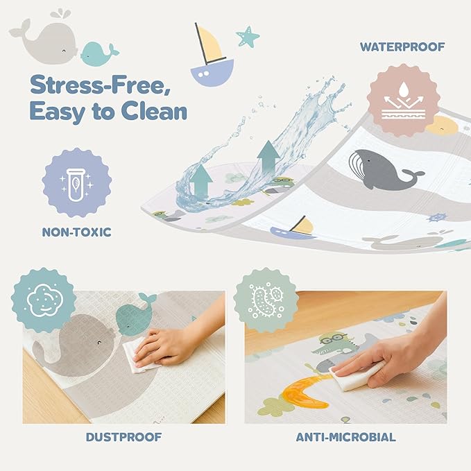 Motherly Haven 79x71 Foldable Baby Play Mat for Floor, Extra Large Reversible Foam Play Mat for Babies 6-12 Months, Waterproof Portable Foam PlayMat for Tummy Time for Toddler - Whales