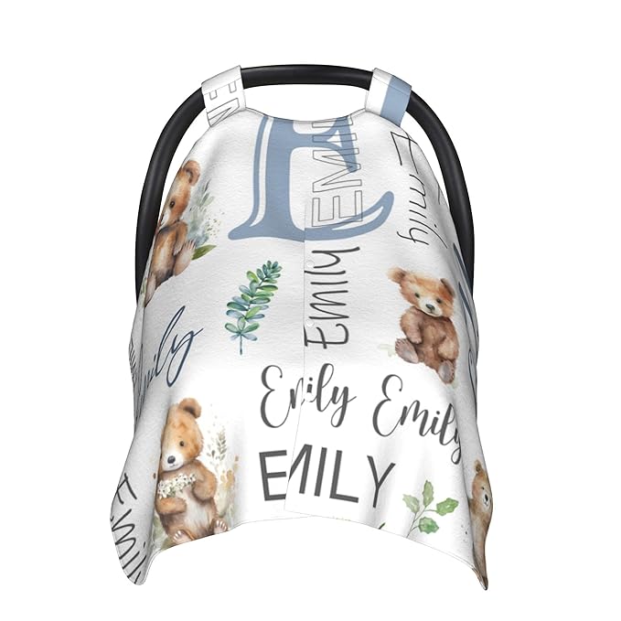 Personalized Baby Car Seat Cover Custom Name CarSeat Canopy Customized Bear Newborn Nursing Breastfeeding Cover Minky Baby Blanket Infant Car Seat Canopies for Baby Girls Boys