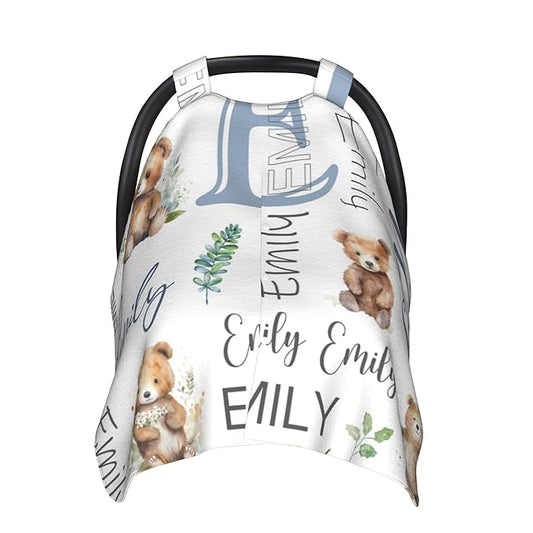 Personalized Baby Car Seat Cover Custom Name CarSeat Canopy Customized Bear Newborn Nursing Breastfeeding Cover Minky Baby Blanket Infant Car Seat Canopies for Baby Girls Boys