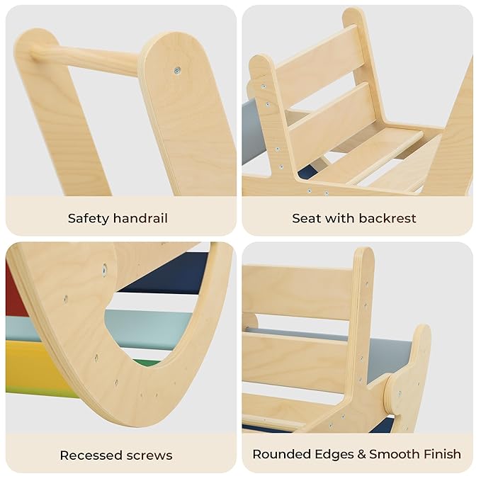 Belleur Wooden Rocking Arch for Toddlers, Rainbow Arch Rocker with High Handle & Backrest, Montessori Balance & Riding Toy for Toddlers 1-5 Years Old, Indoor Play and Ideal Birthday Gift