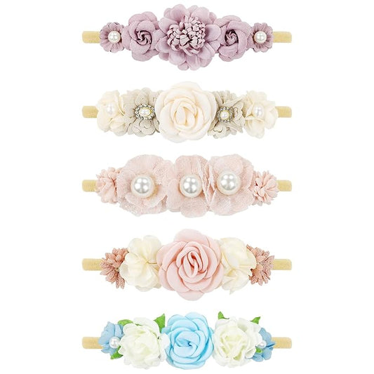 Cinaci 5 Pack Delicate Floral Flower Nylon Headbands Hair Bands Accessories for Baby Girls Newborns Infants Toddlers Kids (5 Pack S4)