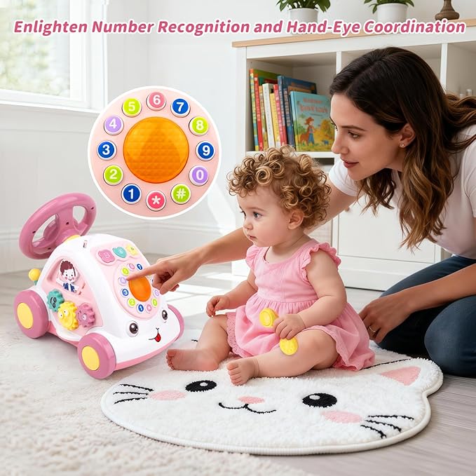 Love&Mini Baby Musical Toys for Girls - Crawling Steering Wheel Toys with Car, Telephone, Lights & Sounds - Multi-Functional Educational Gifts for 1+ Year Old Girls Birthday Xmas