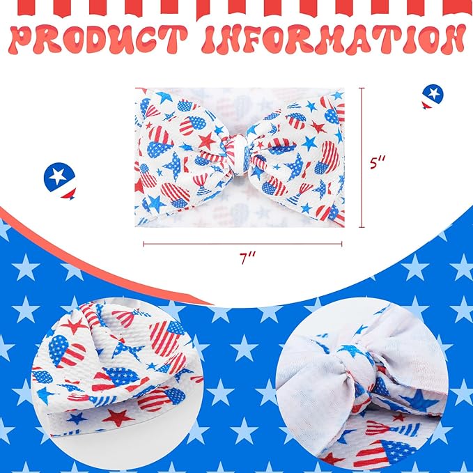 YanJie 7'' 1pcs 4th of July Baby Headbands Girl Hair Accessories with American Flag in Heart Patterns Independence Day Toddler Hair Wrap Girl Outfits