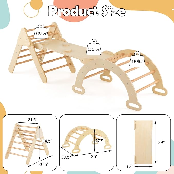 Olakids Pikler Triangle Set 7 in 1 Climbing Toys for Toddlers 1-3 Inside Foldable Wood Montessori Jungle Gym with Ramp Slide Arch Rocker Ladder Indoor Kids Activity Playground Baby Climber