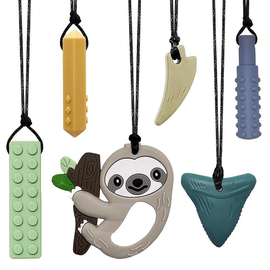 Chew Necklaces for Sensory Kids 6 PCS, Chewy Necklaces Sensory Toys for Boys Girls Children with Autism, ADHD, Anxiety, Oral Motor Stimulation, Silicone Teething Necklace BPA Free