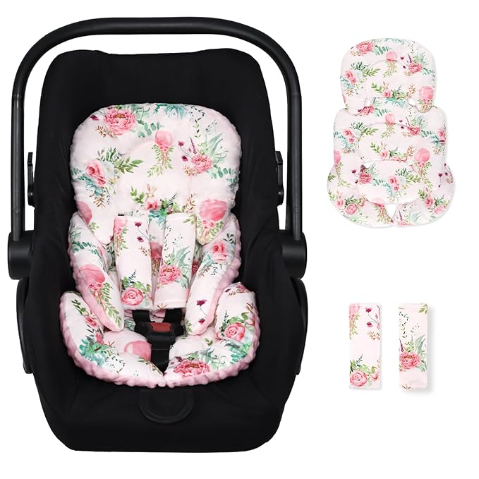 Infant Car Seat Insert, Car Seat Head Support Baby with 2 Covers, Ultra-Soft Newborn carseat Insert, Perfect for Car Seat, Stroller, Swing, Flower