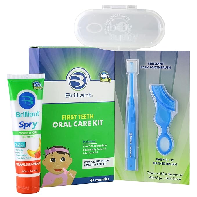 First Teeth Oral Care Kit by Brilliant Oral Care- Set has Baby's 1st Teether-Brush, Brilliant Baby Toothbrush and 2oz Spry Xylitol Tooth Gel, Infants Age 4 Months Old and Up, Baby Must Haves, Blue