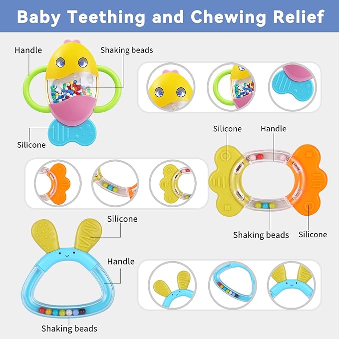 MOONTOY 9pcs Baby Rattles Infant Teething Toys Teethers Sensory Toys for Babies 3-6 Months 6-12 Months Boy Girl Gifts