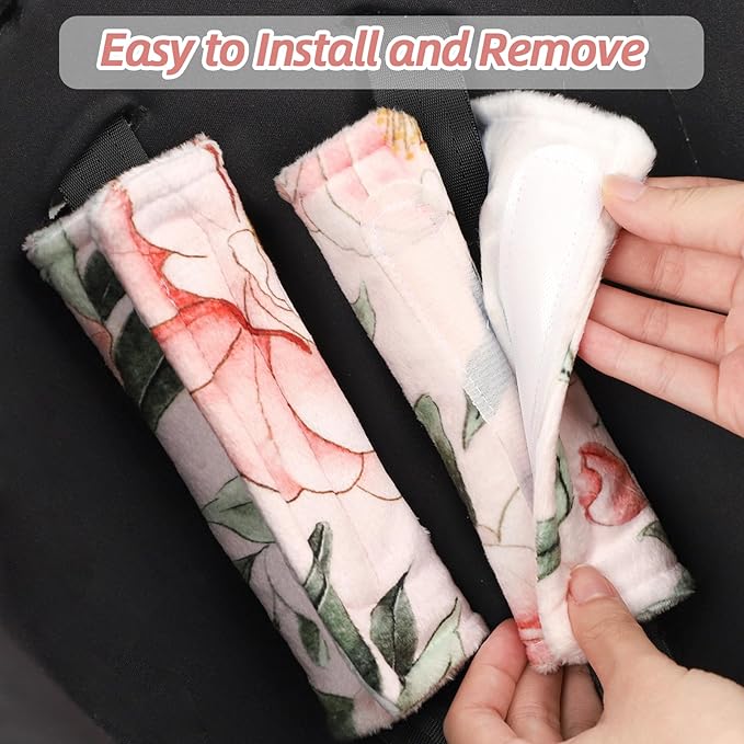 Baby Car Seat Strap Pads, Car Seat Strap Shoulder Covers for Baby Infant Toddler, Double-Sided Car Seat Belt Covers for Stroller/Pushchair/Baby Swing, Soft Flannel, Pink Floral