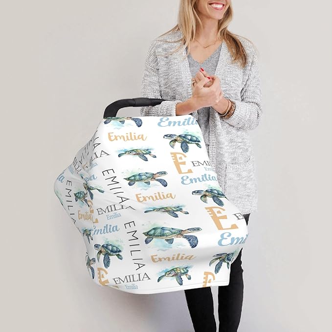 Personalized Baby Car Seat Cover with Name Stroller Canopy Custom Sea Turtle Carseat Cover Newborn Baby Boy Girl Nursing Cover for Moms First Birthday Gift