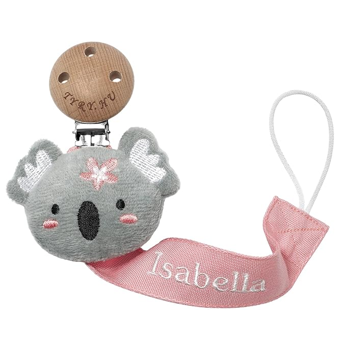 TYRY.HU Personalized Pacifier Clip with Name, Customize Pacifier Leash, Embroidery Ribbon Pacifier Holder for Girls and Boys, Universally Fit All Pacifi, Ideal Baby Gift, Grey Koala