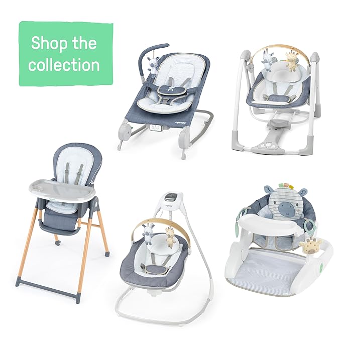 Ingenuity Swing n Go Portable Swing, Removable Sustainably Sourced Wood Toy Bar, 5-Speed, for Ages 0-9 Months, Up to 20 Pounds - Chambray