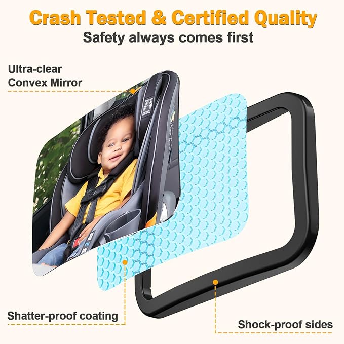 MONOJOY Baby Car Mirror Travel Car-Seat Infant Mirrors Safety Kids Rear View for Rear Facing with Wide View 360° Rotating|Adjustable|Shatterproof Convex Child Mirror, 11.8 ″ x 7.25 ″, Black