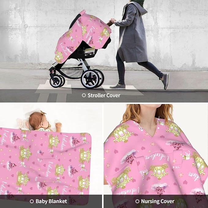 Personalized Baby Car Seat Canopy with Name, Princess Carriage Nursing Cover & Infant Car Seat Canopy, Shower Gift for Newborn Baby Girls