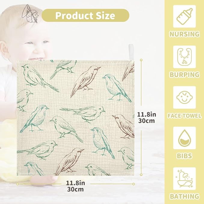 vvfelixl Color Birds Baby Burp Cloths Baby Muslin Washcloths for Boys Girls Cotton Baby Face Towel for Newborn Infants Soft and Absorbent 11.8 X 11.8 in, 5 Pack