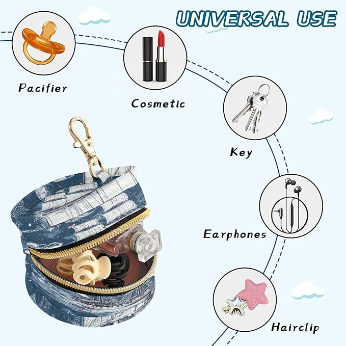 Pacifier Holder with Clip Pacifier Case for Diaper Bag Round Baby Pacifier Pouch Box Bag Portable Pirate Sailing Ship Rose Blue