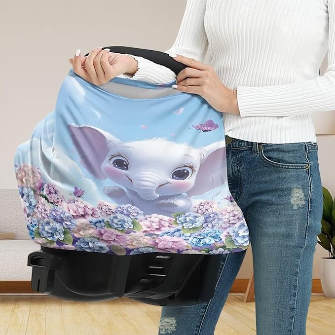 GIFTPUZZ Catoon Elephant Car Seat Cover for Babies, Nursing Cover, Soft Breathable Infant Carseat Canopy, Universal Nursing Cover Grocery Cart Cover, Stroller Cover for Infant Babies