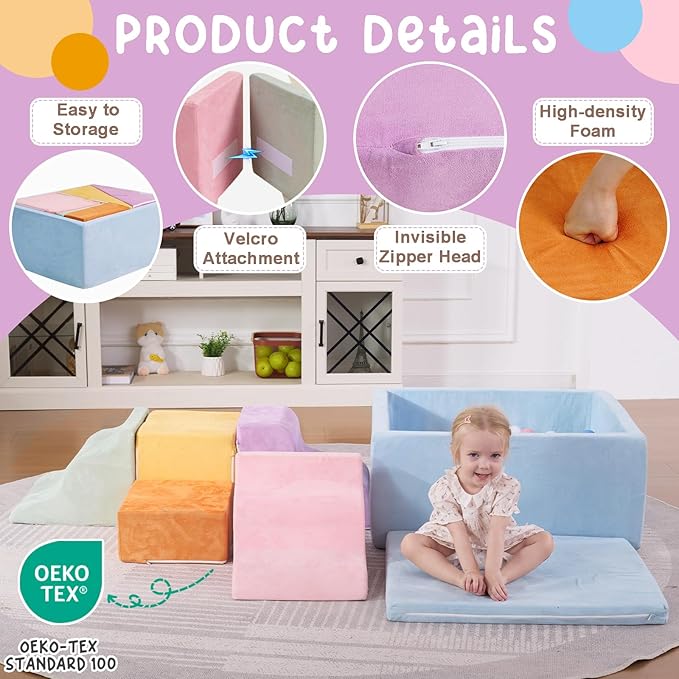 Foam Climbing Blocks for Toddlers, 7-Piece Baby Soft Play Set with Ball Pit, Indoor Climbing Toys for Kids, Modular Foam Play Structures, Macaron Colors (Balls Not Included)
