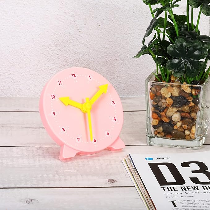 PATIKIL 4 inch Teaching Clock, Learn Clock Learning Tell Time Analog Clock Demonstration Clock 24 Hour 3 Pointers Geared Movement for Classroom Teacher, Pink