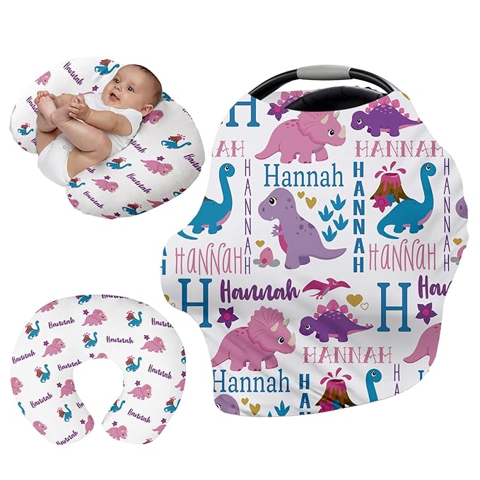 Custom Car Seat Covers for Babies - Purple Dinosaur Print Breathable Baby Car Seat Cover for Girls Boys, Kick-Proof Newborn Carrier Canopy Stretchy Stroller Cover for 4 Seasons(27"x29")