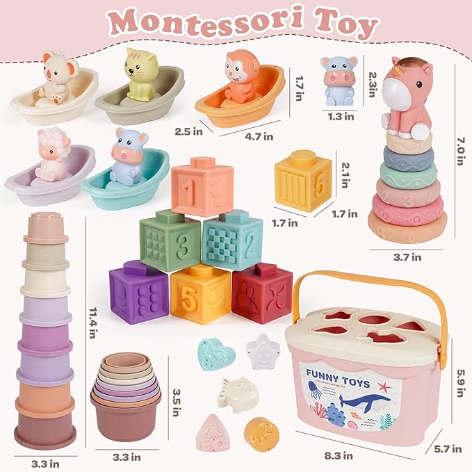 Montessori Baby Toys for Infants 6-18 Months Toddler 6–12 Months Shape Sorter Sorting Stacking Toy Sensory Learning Set with Stacking Rings for Babies Birthday Gift