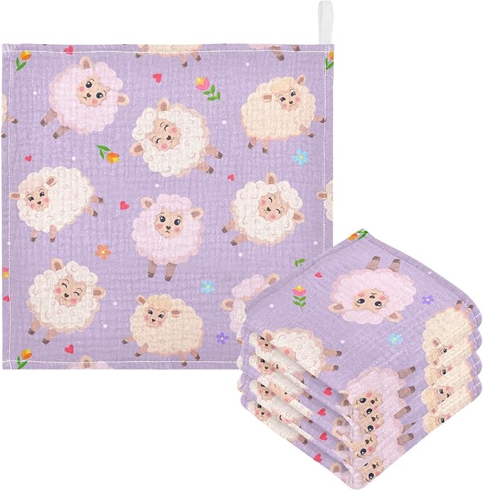 vvfelixl Charming Sheeps Baby Burp Cloths Baby Muslin Washcloths for Boys Girls Cotton Baby Face Towel for Newborn Infants Soft and Absorbent 11.8 X 11.8In, 5 Pack