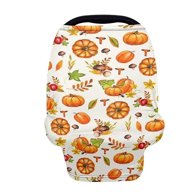 Coldinair Fall Pumpkin Print Baby Nursing Cover & Nursing Carseat Canopy Cover Thanksgiving Day Leaf and Mushroom Multi Use Cover for Baby Car Seat Canopy, Shopping Cart Cover, Stroller Cover