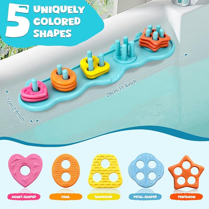 Baby Bath Toys, Mould Free Silcone Shape Sorting & Stacking Bath Toy Set, No Hole No Mold Silicone Color & Shape Sorter Bathtub Toy Early Learning Sensory Toys for Toddler