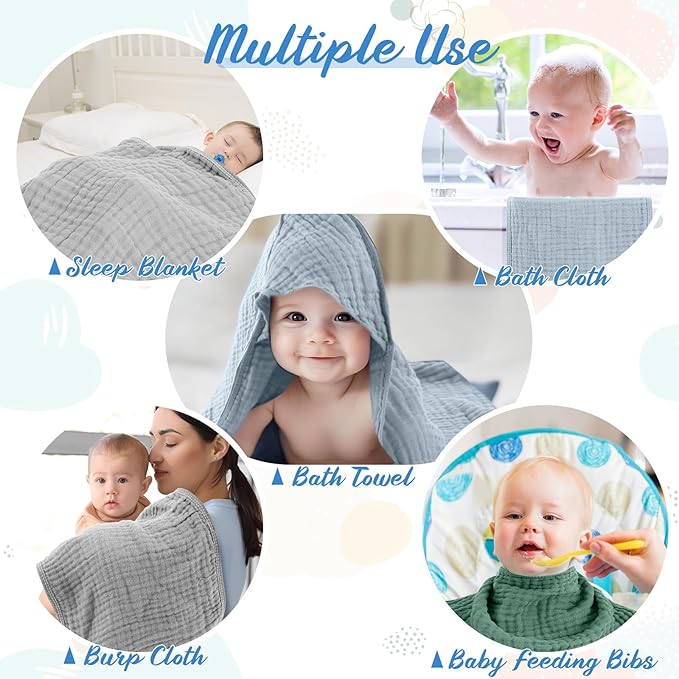 VitalCozy 8 Pcs Baby Muslin Hooded Bath Towels and Washcloths Muslin Cotton Hooded Baby Towels Absorbent Blankets for Gift Newborn Infant Shower (32 x 32 Inch,Modern Style)