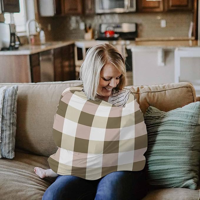 Brown Plaid Car Seat Covers for Babies, Spring Buffalo Checkered Lattice Geometric Nursing Breastfeeding Covers Stretchy Breathable Baby Carseat Canopy Cover for Girls and Boys Shower Gifts
