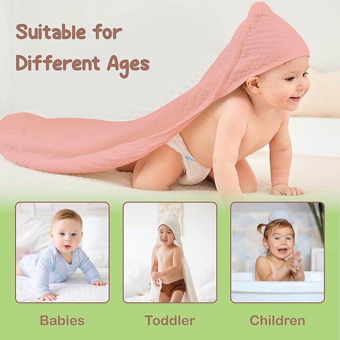 100% Organic Cotton Muslin Baby Hooded Towels 32x32 Inch – 2 Pack Soft & Absorbent Baby Towels for Newborn for Boys & Girls, Premium Hooded Towels, Ultra-Gentle Baby Essentials in Rose/Peach