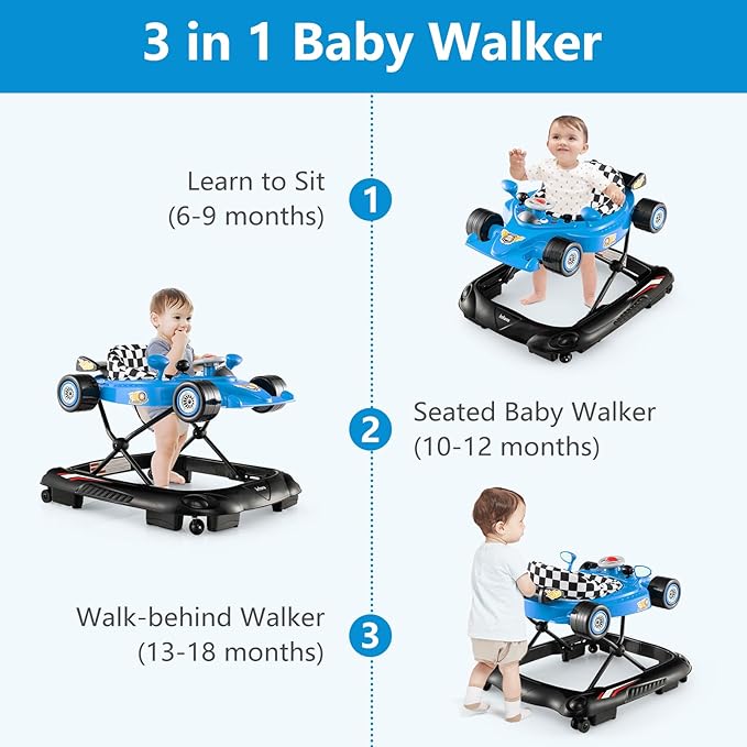 INFANS Foldable Baby Walker, 3 in 1 Toddler Activity Center Leaning-Seated Walk-Behind with Steering Wheel, Adjustable Height, Lights, Music, Washable Seat Cushion (Blue)