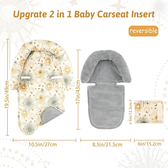 Infant Car Seat Insert for Newborn Girls Boys, Upgraded 2-in-1 Baby Carseat Head Support, Soft Reversible Baby Car Seat Insert Cushion Pad for Car Seat, Stroller, Bouncer, Swing, Sun