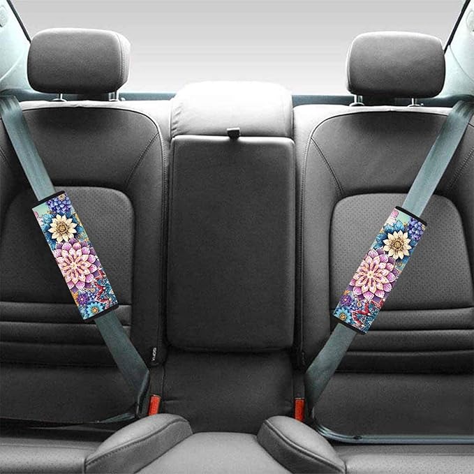UNICEU Boho Flower Bright Blossom 2 Packs Car Seatbelt Pads Covers for Women Girls, Neoprene Comfortable Car Safety Seatbelt Pads Cover