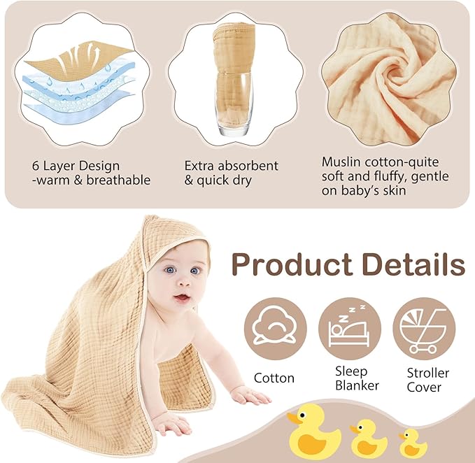 Peryiter 6 Pcs Muslin Hooded Baby Towels, 32"x 32" Cotton Newborn Bath Towel Muslin Infant Baby Blankets Absorbent Unisex Newborn Registry Gift Essentials for Girls Boys (Brown)