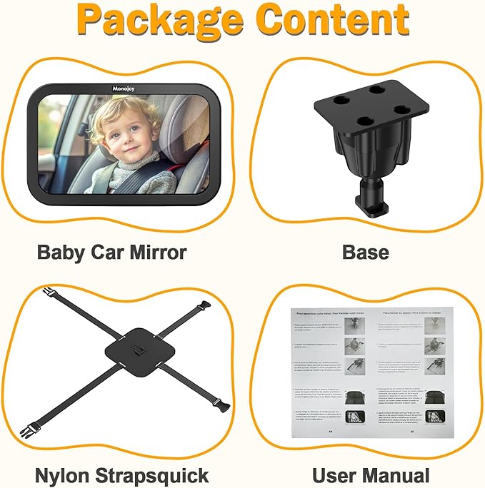 MONOJOY Baby Car Mirror Travel Car-Seat Infant Mirrors Safety Kids Rear View for Rear Facing with Wide View 360° Rotating|Adjustable|Shatterproof Convex Child Mirror, 11.8 ″ x 7.25 ″, Black
