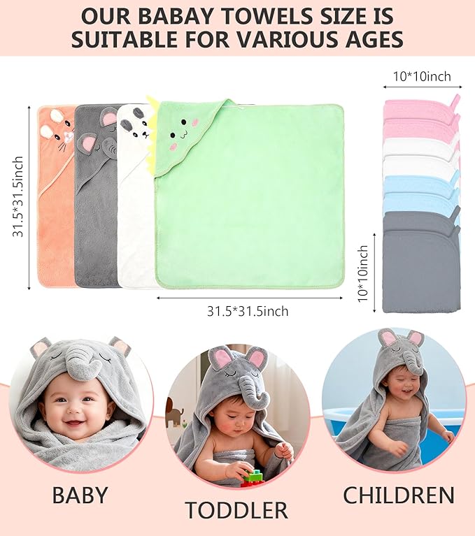 12 PCS Baby Bath Towels Set - 4 Pack Animal Hooded Baby Towels Robe + 8 Soft Washcloths, Ultra Absorbent & Quick Drying, Cute Newborn Bath Essentials for Boys Girls, Infant Toddler Shower Gift