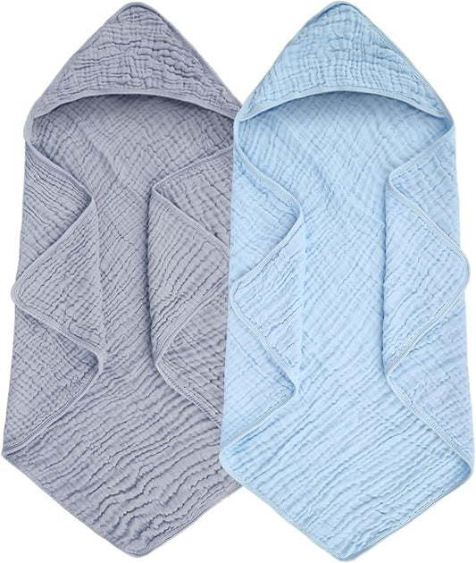 Synrroe Baby Hooded Bath Towel 2 Pack, 100% Muslin Cotton, 32x32 Inch - Matching Trim & Hood, Soft Absorbent Baby Toddler Towel for Newborns & Infants, Blue and Misty