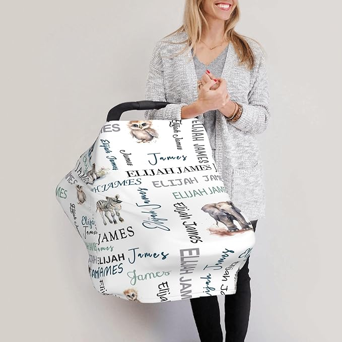 Personalized Baby Car Seat Covers for Babies, Custom Woodland Nursing Breastfeeding Carseat Canopy with Name, Infant Stroller Covers for Newborn Girls Boys, Breathable Carseat Cover
